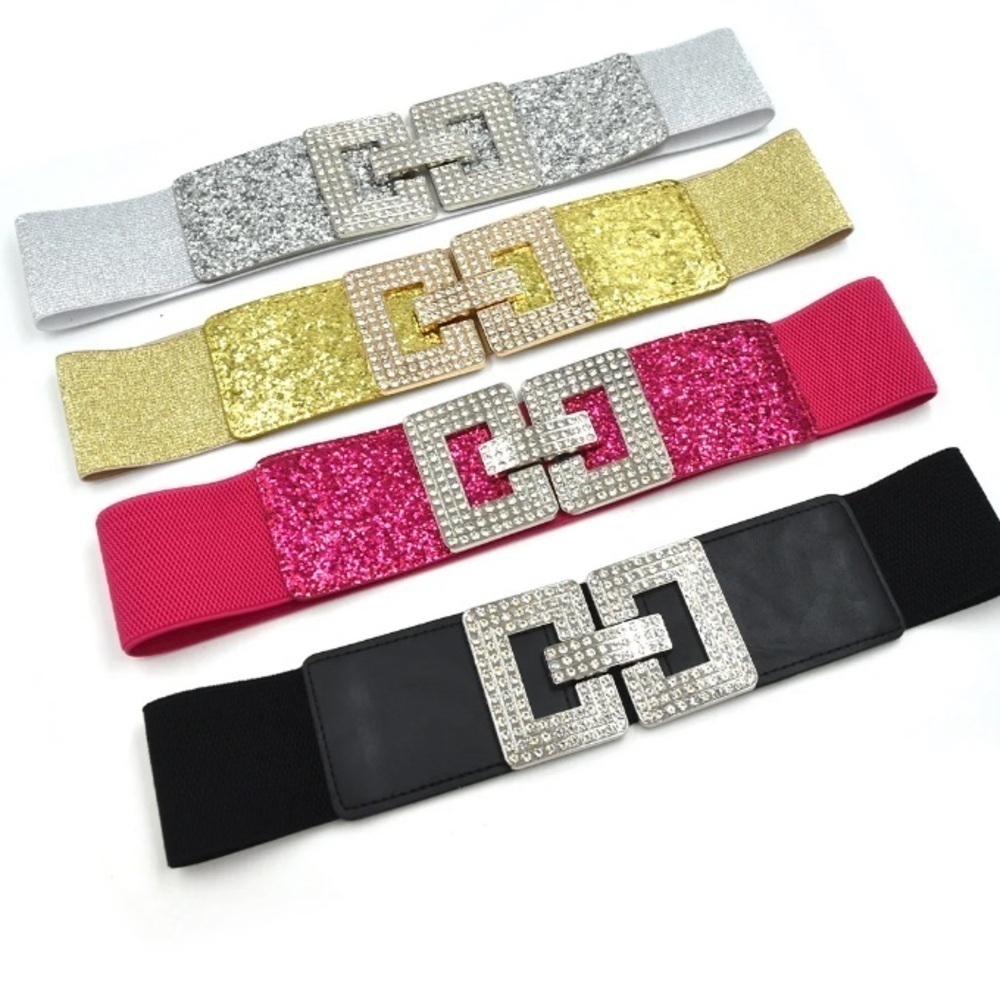 02-Rhinestone Chrystal waistband elastic belt, wide silver hardware.